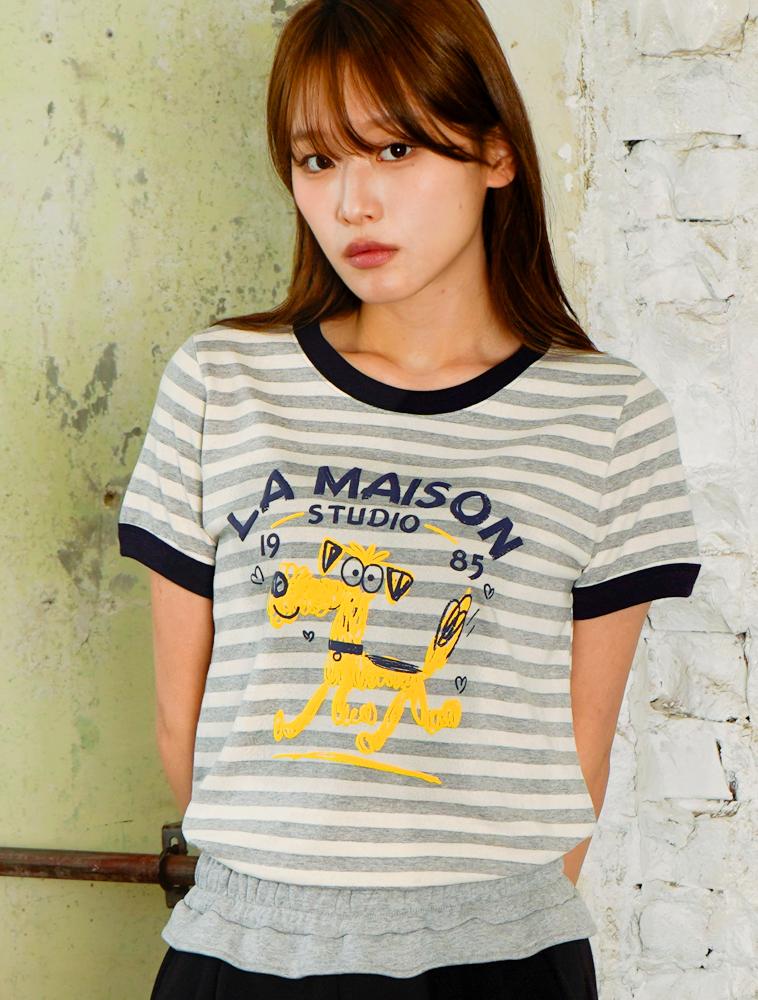 LA MAISON STUDIO Maison Dog Stripe Ringer Short Sleeve Melangray(Fcg2Ts762W)