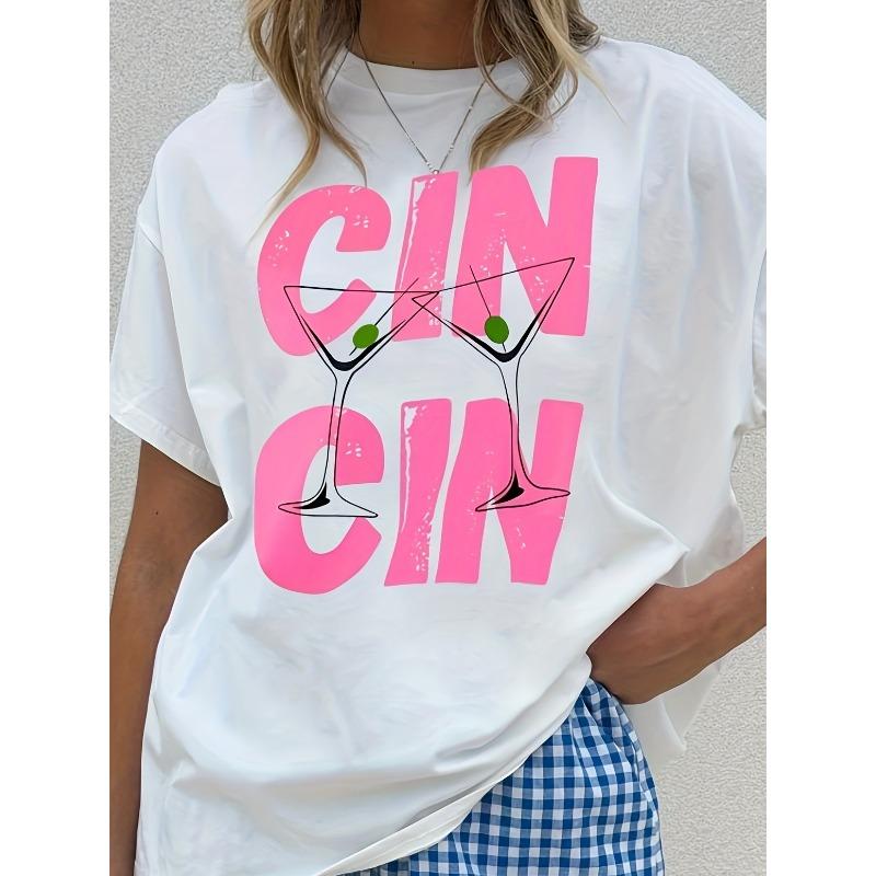 Women s Cin Cin Cup Print Tee Crew Neck Short Sleeve Spring Summer Casual Top S белый