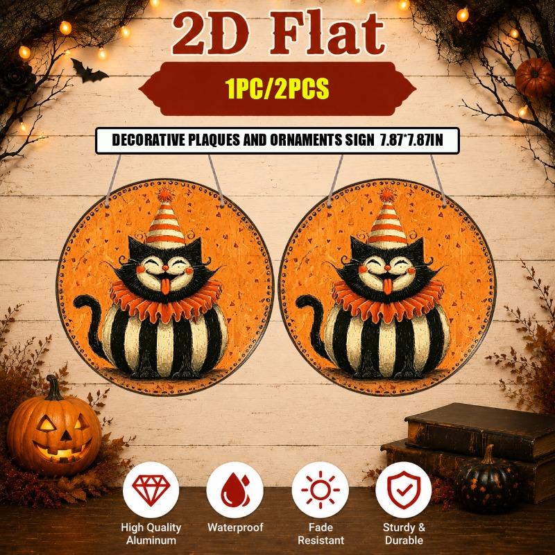 2D Flat 1pc/2pcs, Decorative Plaques and Ornaments Sign, Round Aluminum Vintage Halloween Clown Black Cat Hanging Sign, Smiling Tongue Out Cat Wall