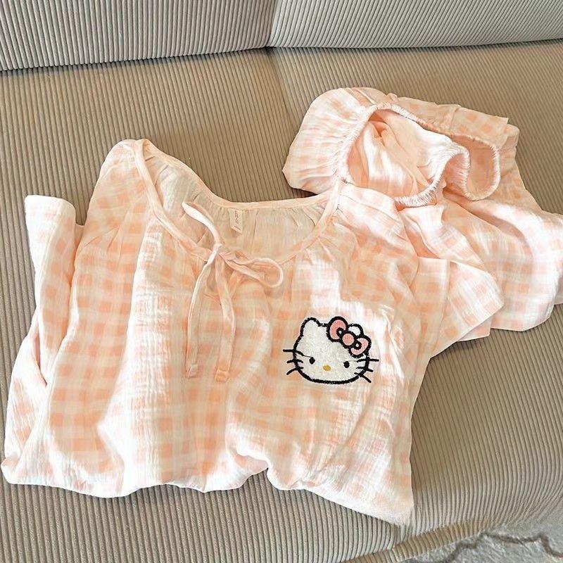 

Pink plaid Kitty cat pajamas women s summer short-sleeved shorts ins style set can be worn outside loungewear two-piece set S