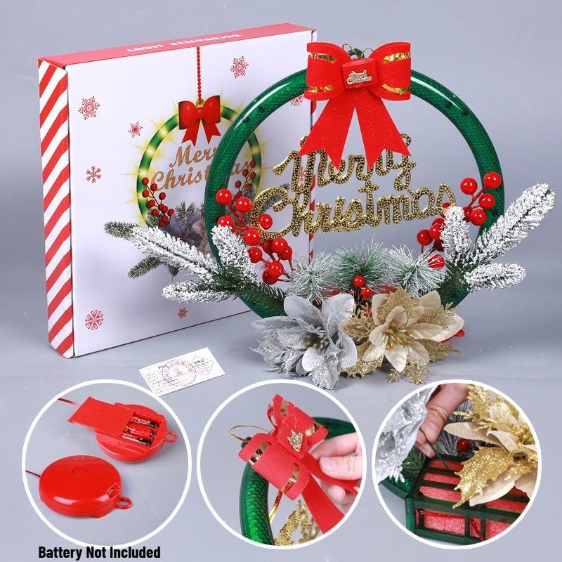LED Lighted Christmas Wreath Decor, Festive Hanging Ornament for Window Display, Party Atmosphere Decoration Props