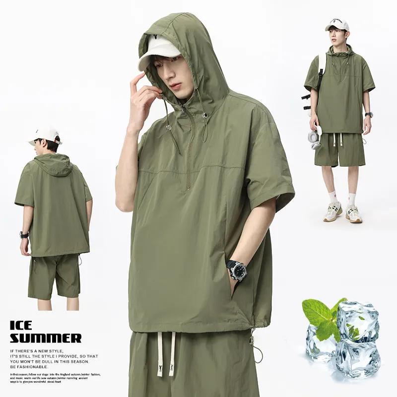 Men's Beige Half Sleeve Hoodie Shorts 2-Piece Set Loose Fit Casual Sportswear