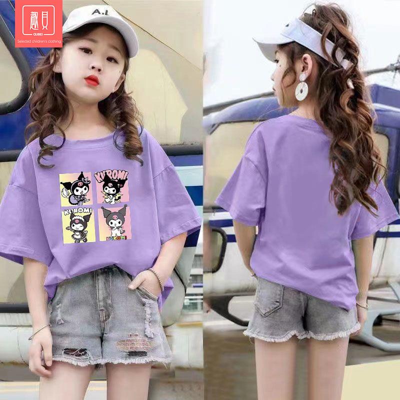 Летние короткие футболки для девочек, одежда для девочек топы Kuromi, baju budak perempuan футболки для девочек, рубашки для девочек 150