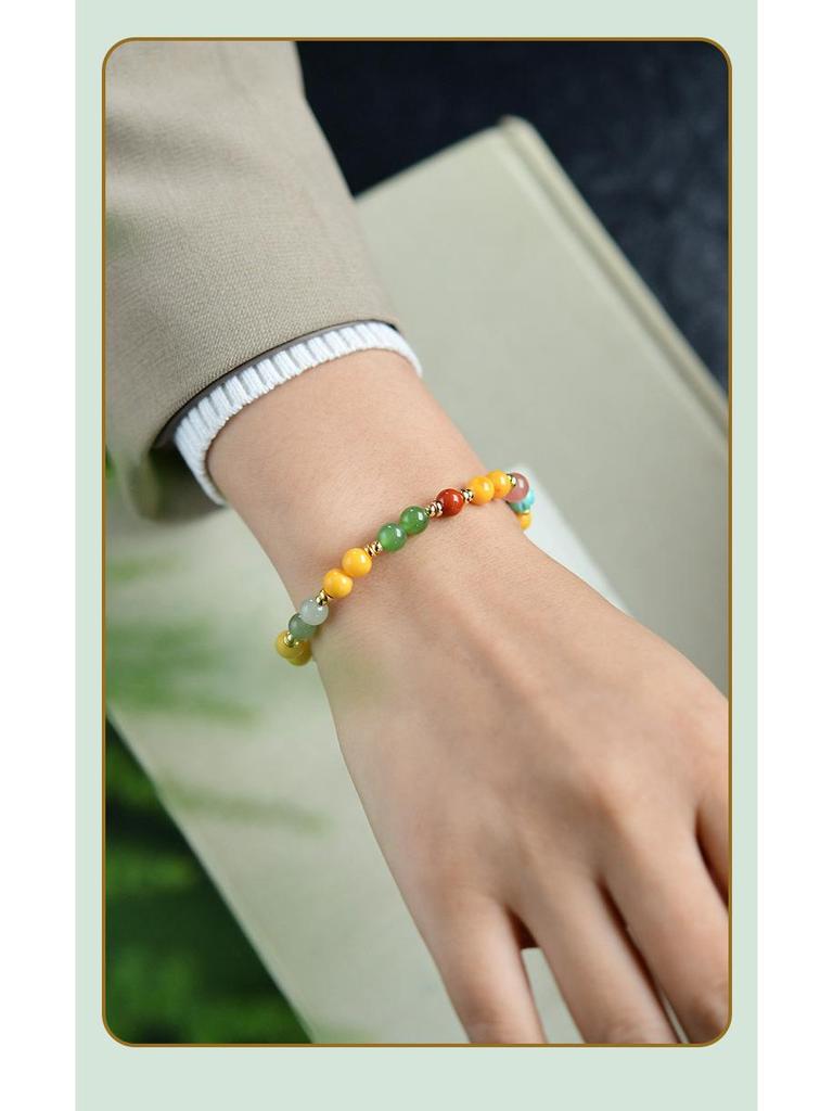 Natural Hetian Jade & Amber Multi-Gem Bracelet with 925 Silver and Southern Red Agate Beads