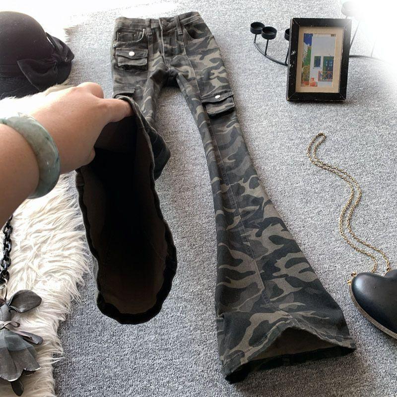 Camouflage Arbeitsjeans Damen Übergröße Schlaghosen Design Gerade Locker Hufeisen Schleifende Hose Jeans für Damen Lange Denimhose