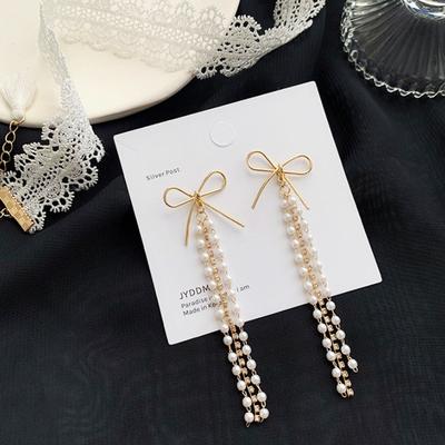 S Silver Needle Korean Bow Pearl Long Fringed Stud Earrings Female Face Thin Versatile Earrings Fresh Lady Style