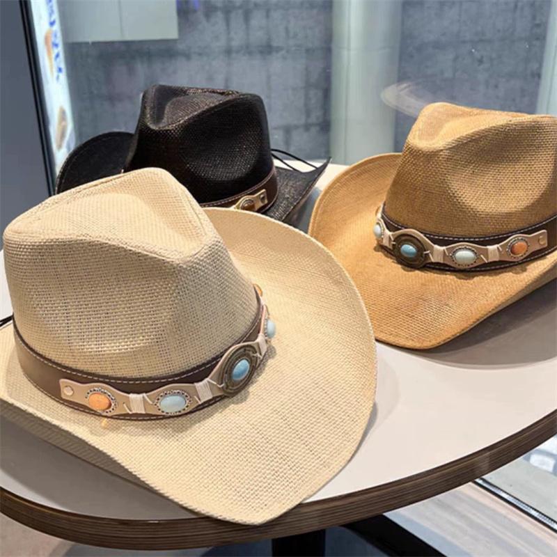 202602-2F040A Ins Chic Summer Western Cowboy Grass Belt Imitation Gemstone Fedoras Hat Outdoor Men Women Panama Jazz Cap