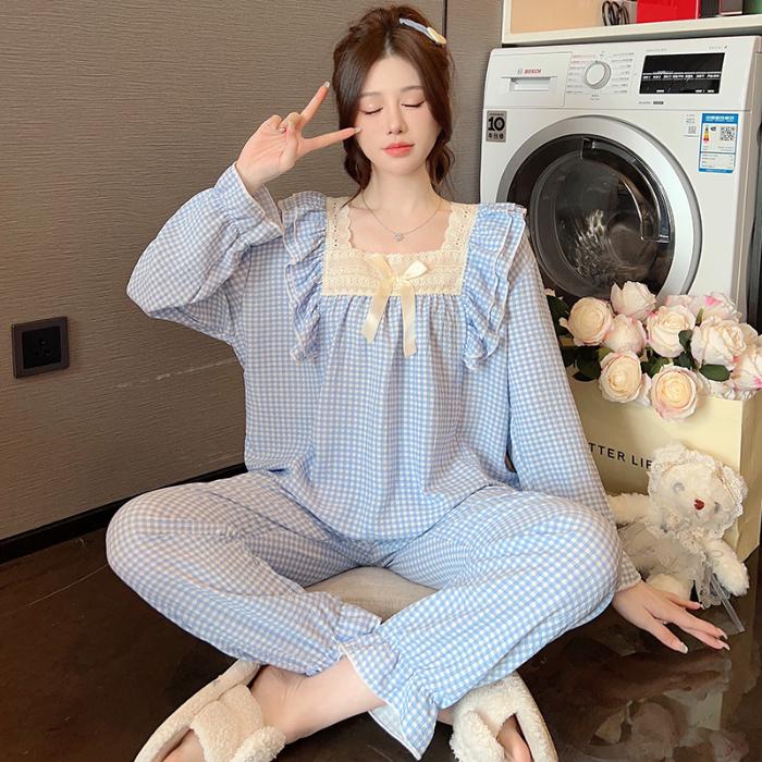 Plus Size Pajama Mujer Cherry Print Sleepwear Kit Long Sleeve TopPants Ruffle Homewear Skin-Friendly Breathable