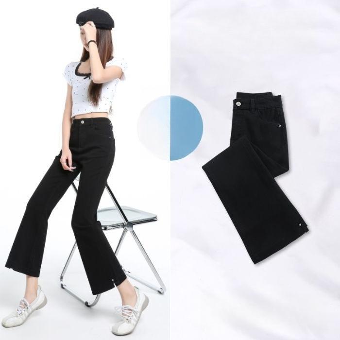 Spring Summer Thin Tencel High Waist Split Hem Nine Point Ice Silk Micro Flare Denim Pants For Women Casual Pants Oversize Denim Trousers