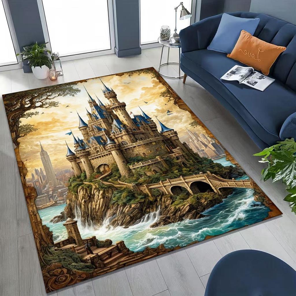 Enchanted Fairytale Princess Castle Gothic Castle Cartoon Rug for Bedroom Living Room Sofa Home Doormat Decor, Kids Non-slip Mat