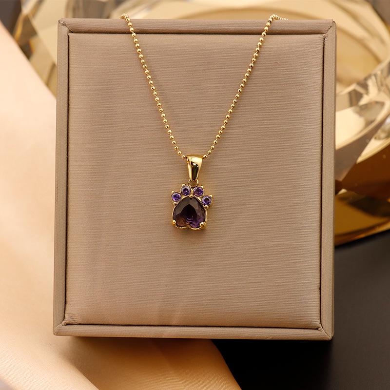 18K Gold-Plated Titanium Cat Paw Pendant Necklace with Colorful Zircon Hearts for Women
