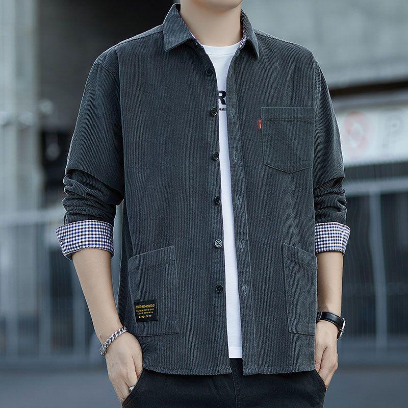 Men's Fleece-Lined Corduroy Shirt Jacket with Pockets - Long Sleeve, Thick, Loose Fit for Autumn/Winter.