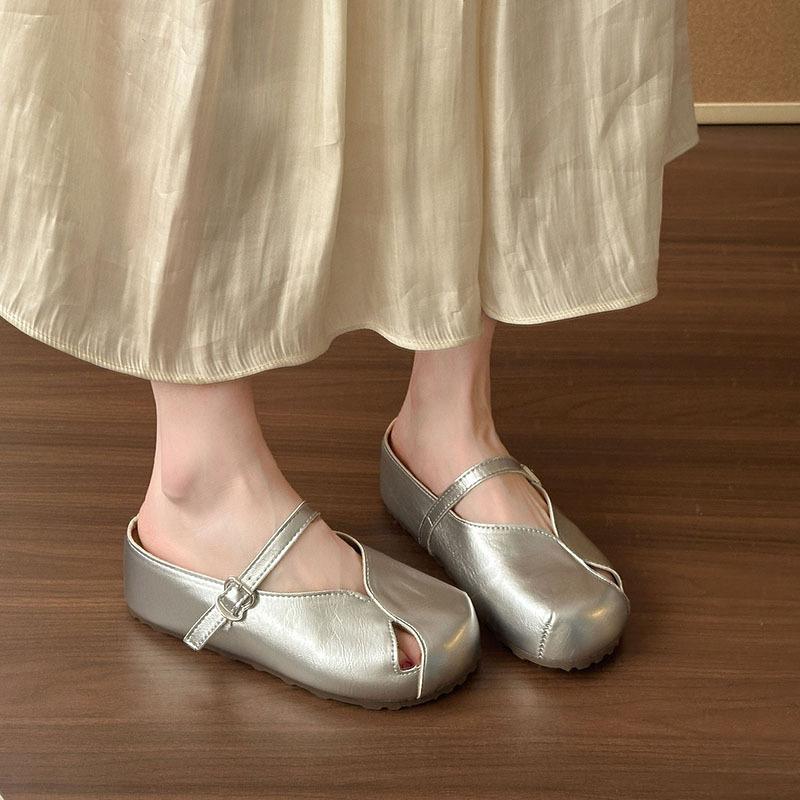 French Retro Mary Jane Single Shoes Women's 2025 New Summer Versatile Flat Bottom with Skirt Soft Sole Bean Half Slippers