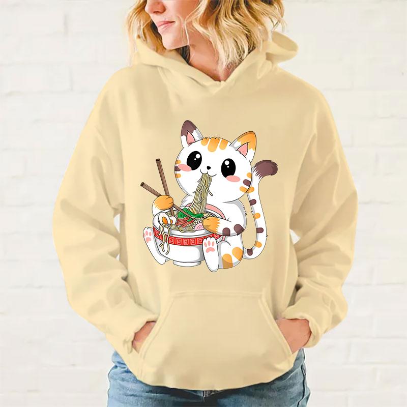 Neue Kawaii Katze isst Ramen Hoodies Damen Herren Teenager Lässiger Persönlichkeits-Pullover Mode Langarm Sweatshirt