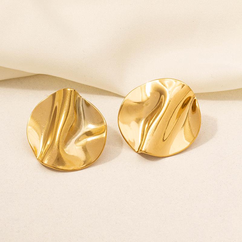 304 Stainless Steel Heart Stud Earrings - Pleated Irregular Design, 18k Gold Plated