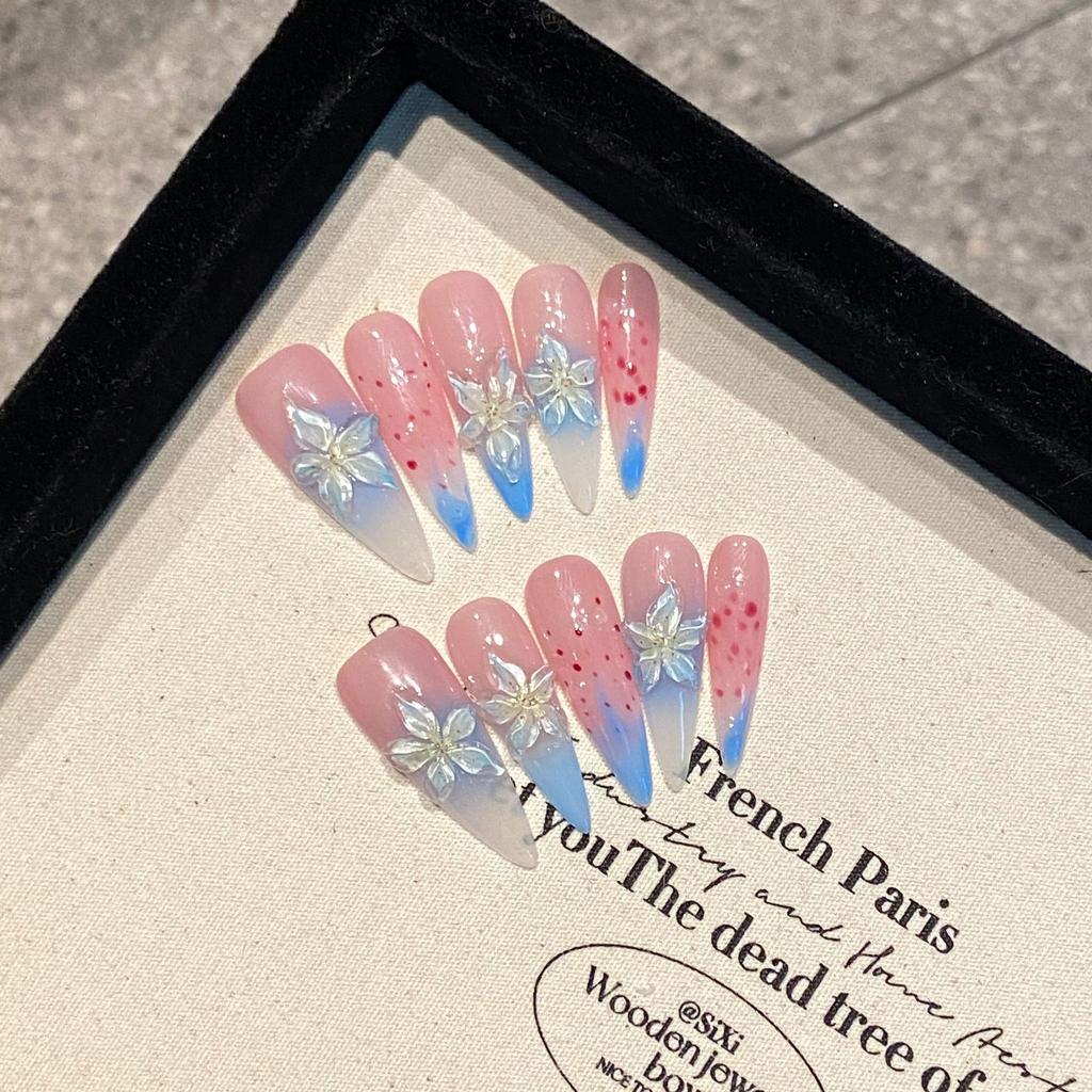 10Pcs Retro Long Stiletto Fake Nails Full Cover French Tip Gradient Flower Handmade Press On Manicure