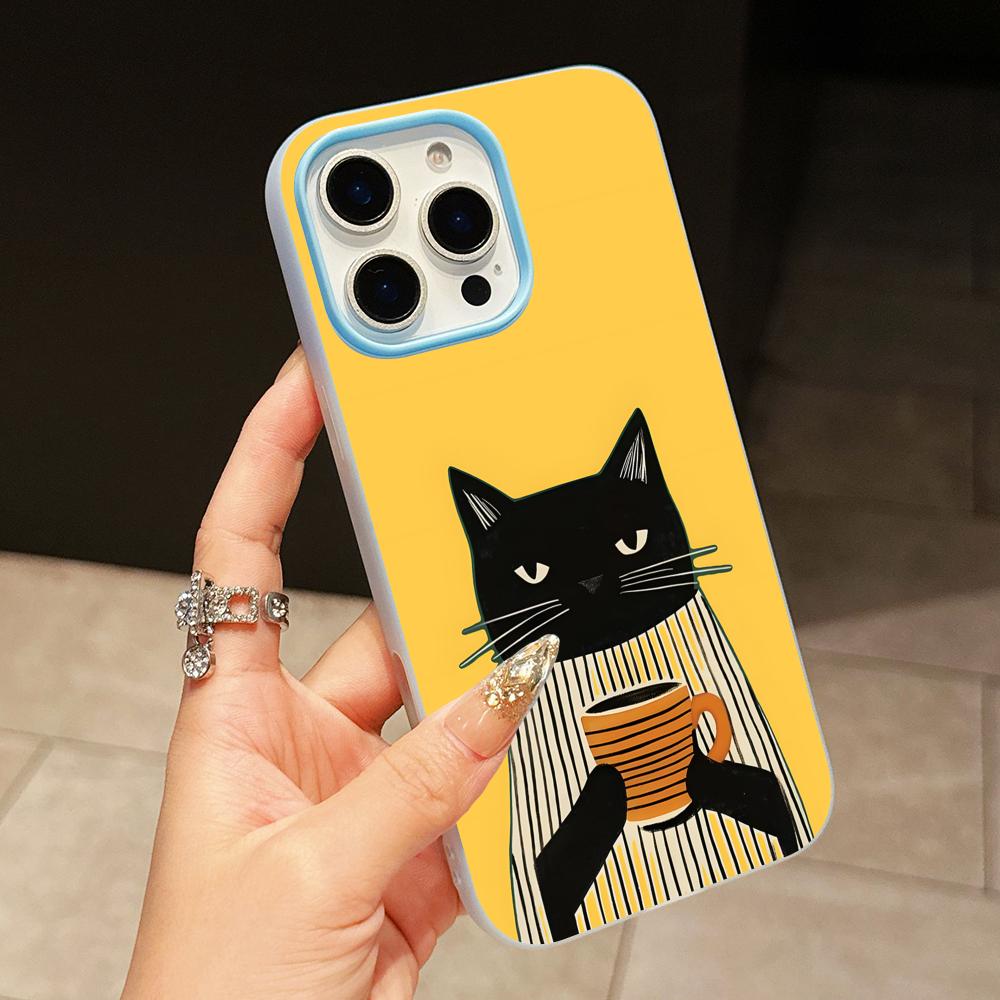 Cute Coffee Cat Jelly Double layer Light Blue Mobile Phone Case for iPhone 17 16 15 14 13 12 11 Air Pro Max Plus Protective