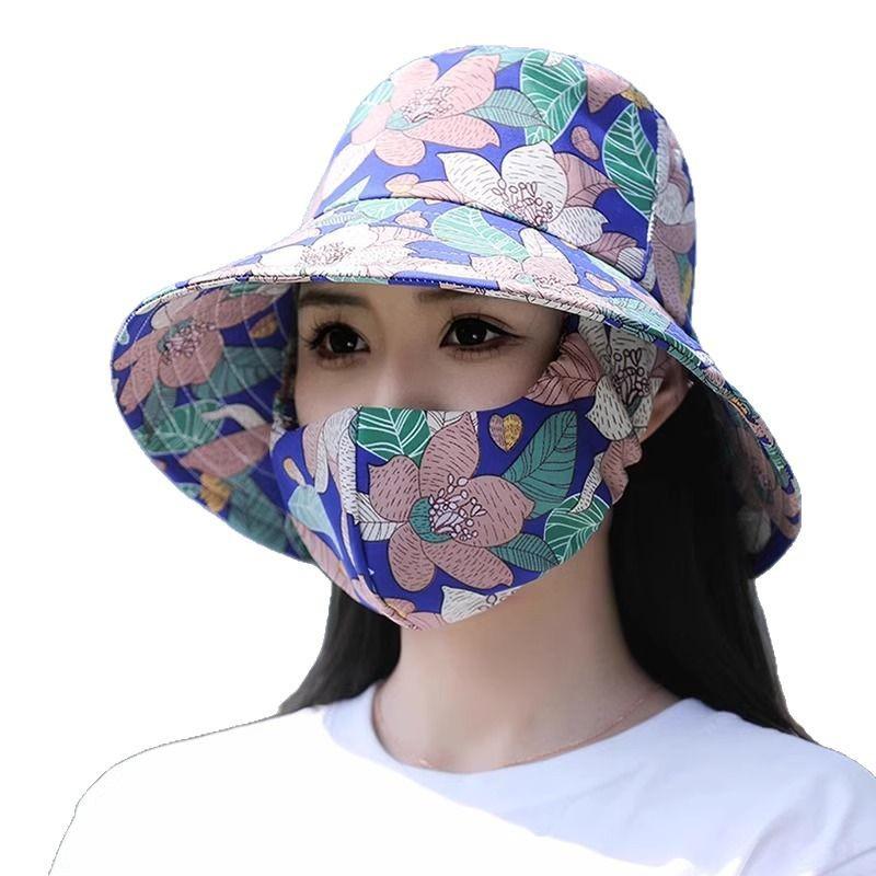 Floral Sun Hat with Integrated Face Mask for Summer Field Work