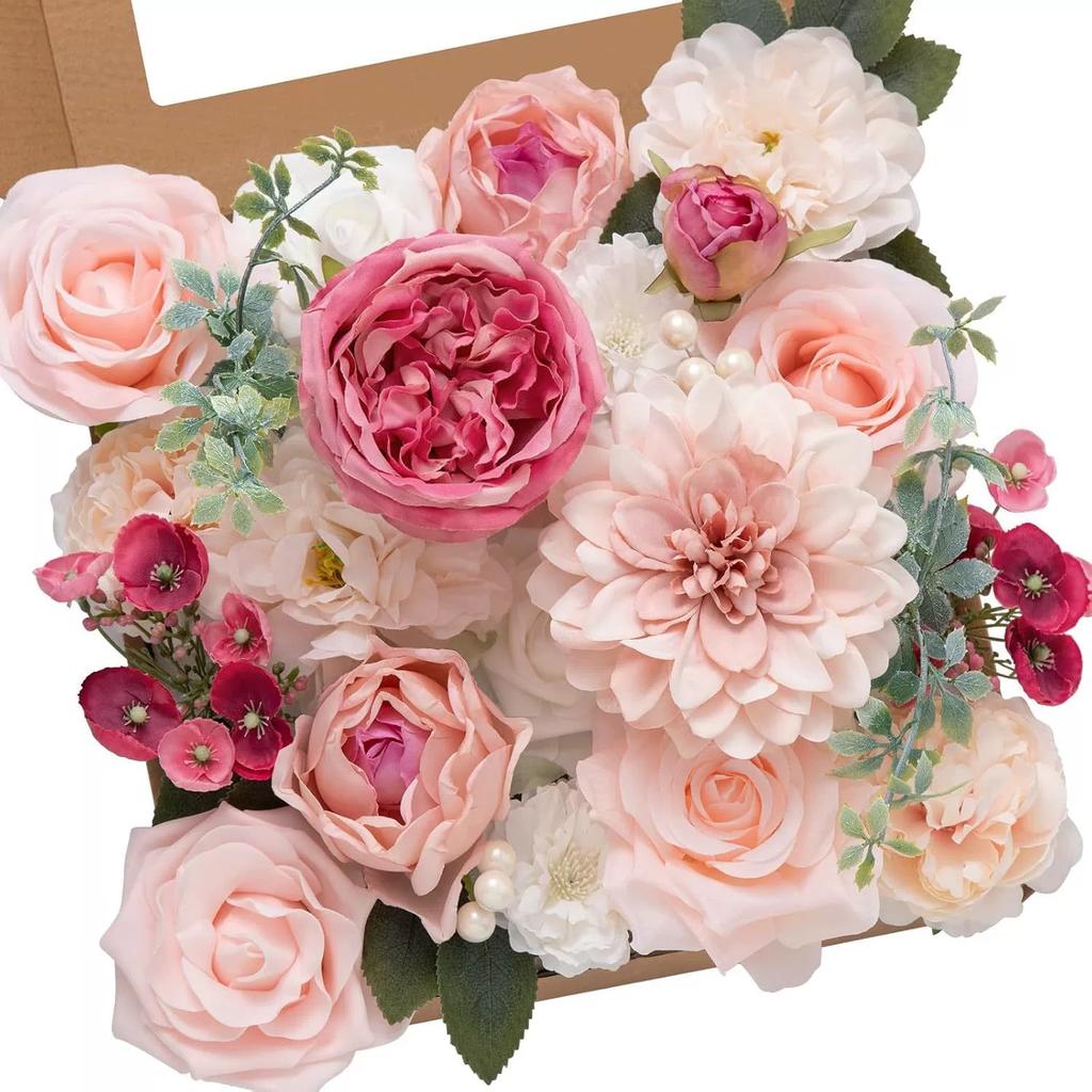 Artificial Flower Combination Box Set, Pink Silk Artificial Rose Bride Bouquet for Outgoing/Indoor DIY Center Piece Flowers for