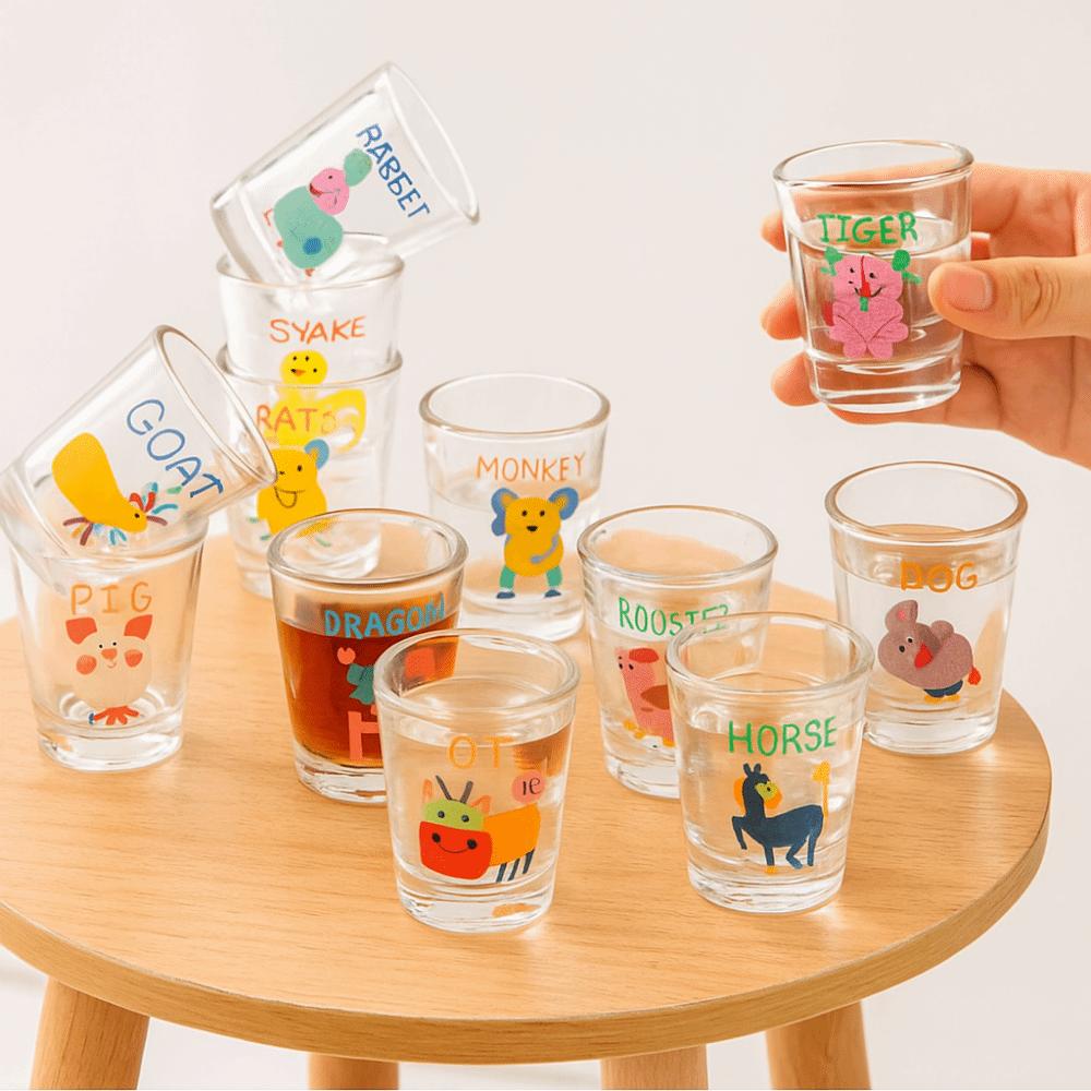 12Pcs 50ml Mini Wine Glasses Chinese Zodiac Cartoon Glass Cup Ideal Gift Sake Cup Set  Personalized