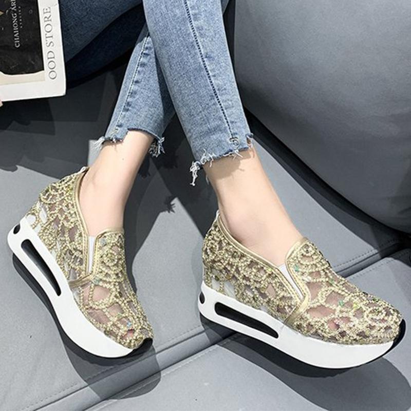 Fashion Spring Autumn Luxury Crystal Sneakers Women Breathable Mesh Sports Shoes for Woman Retro Low Top Platform Vulcanize Shoes Lady
