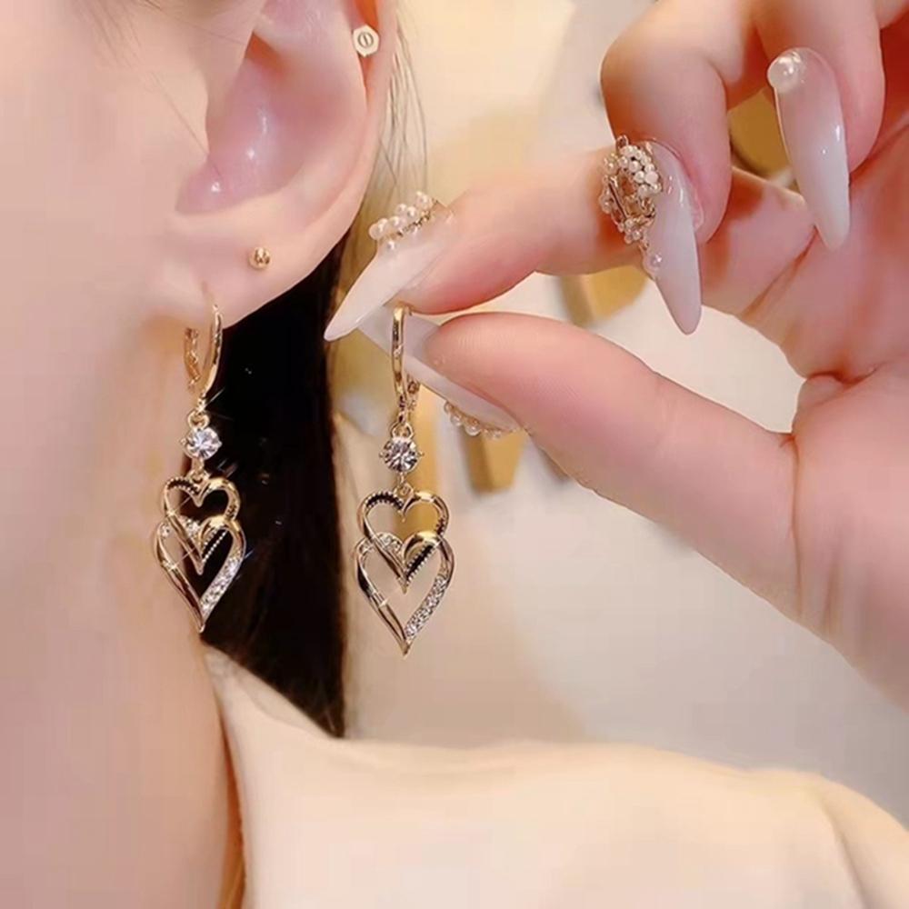 Boucles d'oreilles pendantes en forme de cœur à double couche de luxe pour femmes, bijoux de mariage coréen en cristal strass