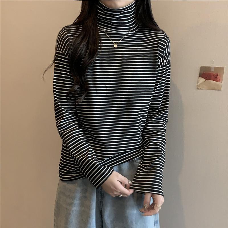 

Striped stack turtleneck long-sleeved T-shirt women s autumn and winter new loose velvet thickened bottoming shirt top XL чёрный