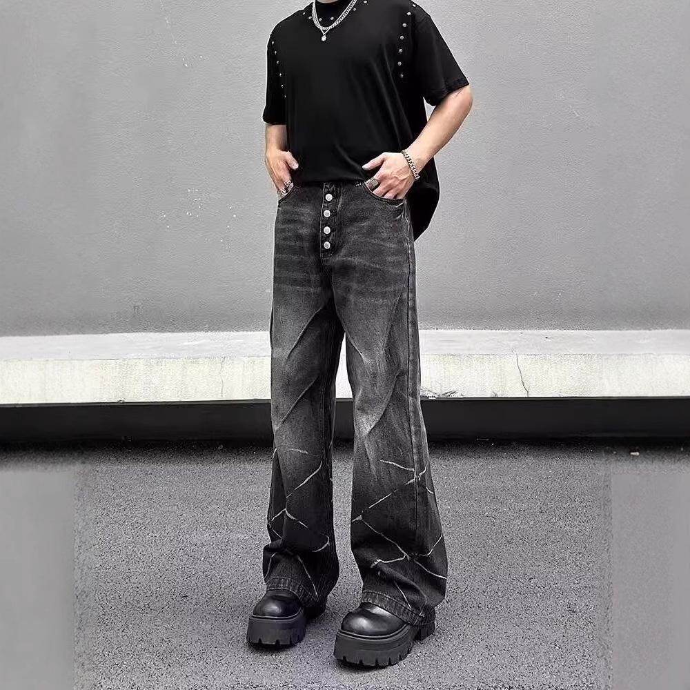 

Y2K Punk Retro Distressed Lightning Jeans - Men s Loose Wide-Leg Fit S чорний