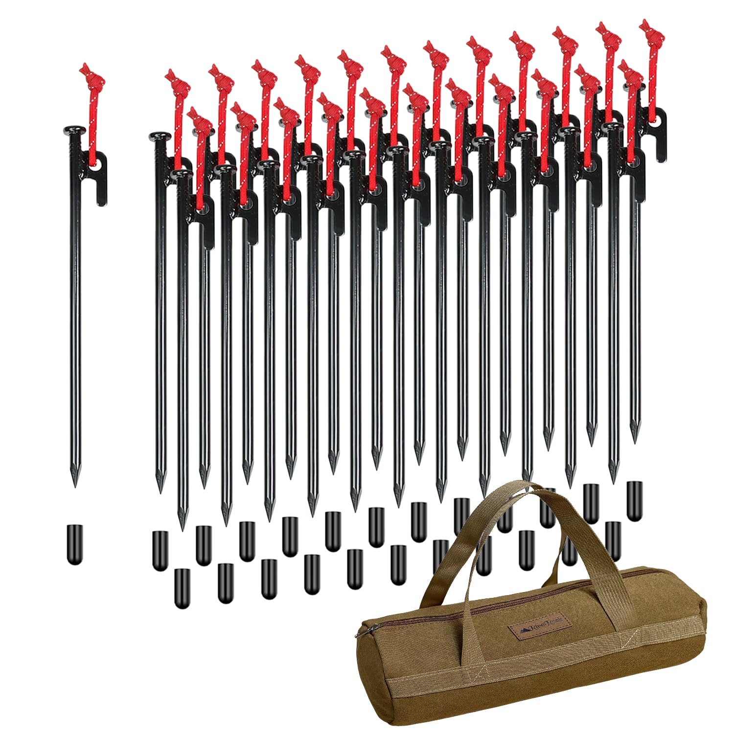 Сумка для хранения колышков RiveRock 20 см с защитными колпачками для палаток и тентов, стальных колышков и светоотражающего шнура (20см x 24 Колышка/Тканевая сумка)