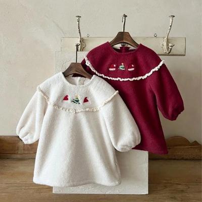 Infant Girls' Winter Lace Plush Princess Dress with Christmas Embroidery