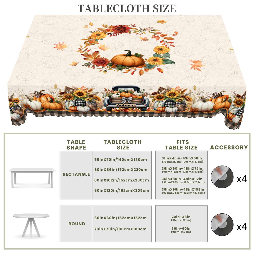 1 Piece Of Thanksgiving Pumpkin Theme Round And Rectangular Tablecloth, Various Sizes, Autum Pumpkin And Fallen Leaf Pattern Printed Plaid Tablecloth,