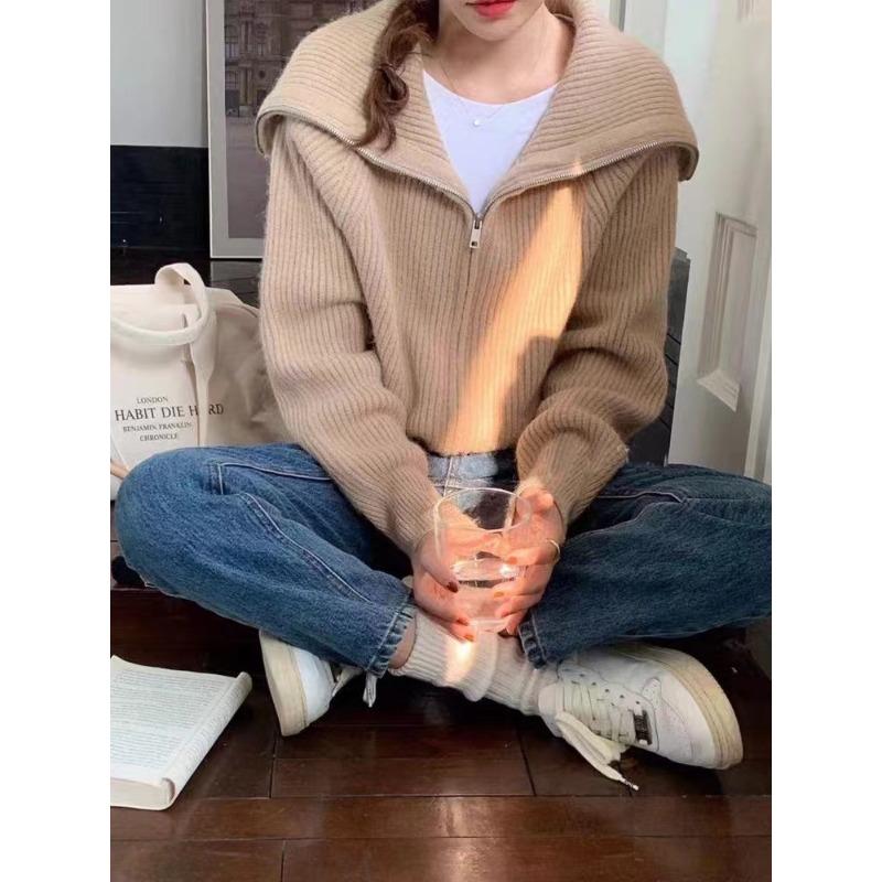 Navy Collar Zipper Sweater Jacket Female Early Spring Lazy Wind Loose Thin Knitted Cardigan Comfortable Versatile and Fashionable