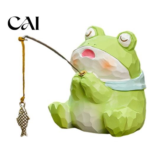 Office Desk Greenery Decor Leisure Fishing Frog/Cat/Panda/Bear Statue Ornaments, Clear Mini Vases Miniature Resin Cat Frog Panda Figurines Cute