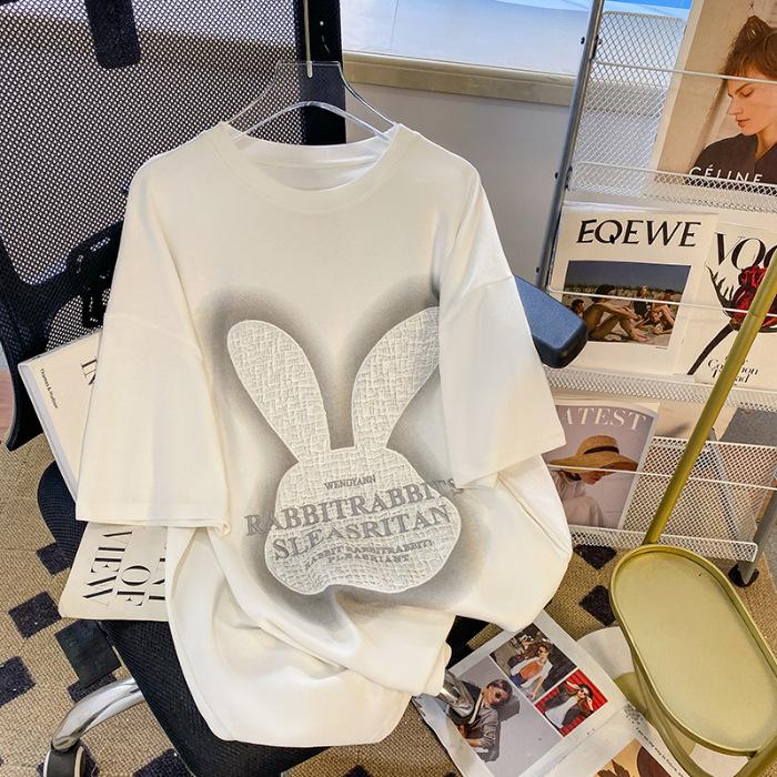 

New back bag collar in summer | Korean version of medium and long embroidered cartoon short-sleeved T-shirt for women M белый