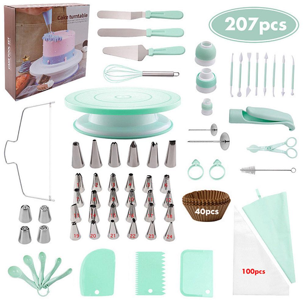 

207pcs Cake Decorating Tip Sets Cake Turntable Stand Stainless Tulip Pastry Nozzles Piping Bag Baking Tools зелёный