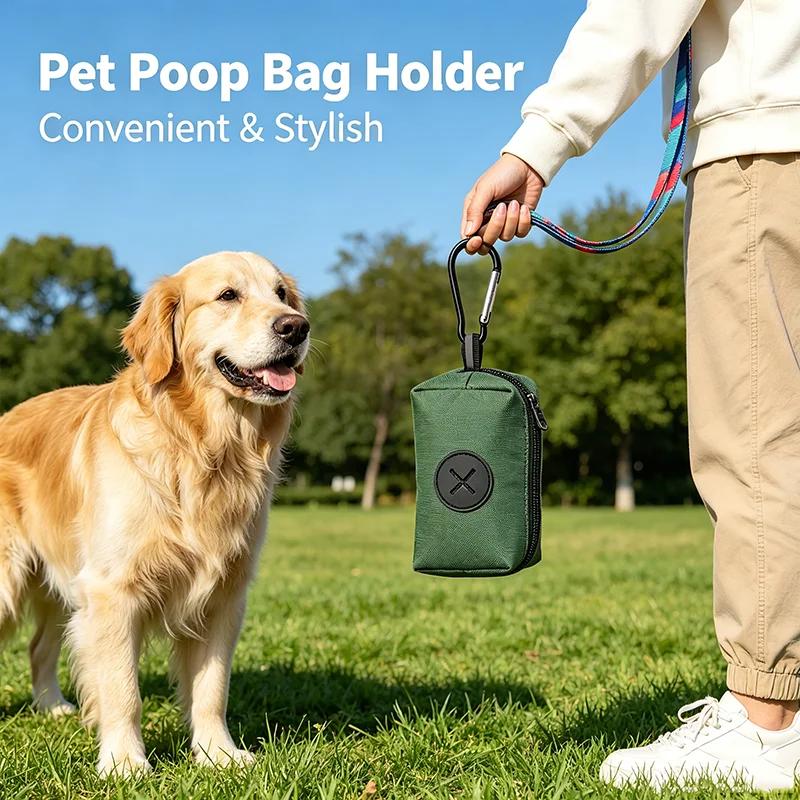 Canvas Dog Poop Bag Holder, Outdoor Pet Waste Bag Dispenser with Carabiner Clip, Animal Waste Collection Pouch