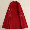2025 Spring Women's Red Woolen Double-Sided Long Coat with Waist-Defining Design