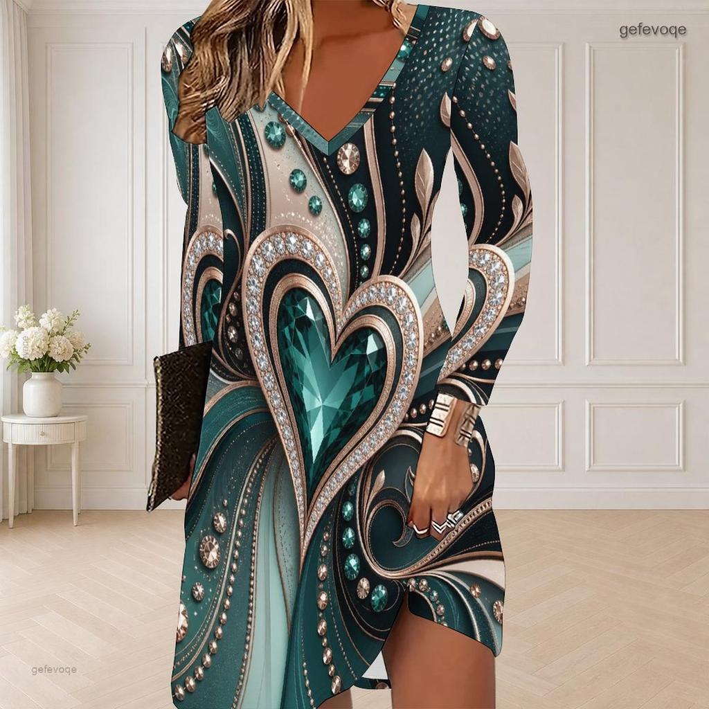 Women Plus Size V Neck Long Sleeve Printed Black Green Gold Curved Hem Dress