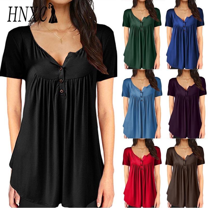 HNXC Women's Fashion Casual Solid Color Print Short Sleeve V Neck Blouses & Shirts