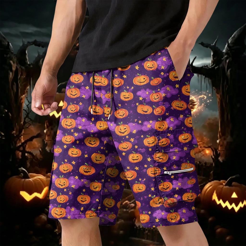 Men's Halloween Multi Pocket Cargo Shorts with Drawstring Waist Lightweight Breathable Casual Outdoor Shorts for Summer
