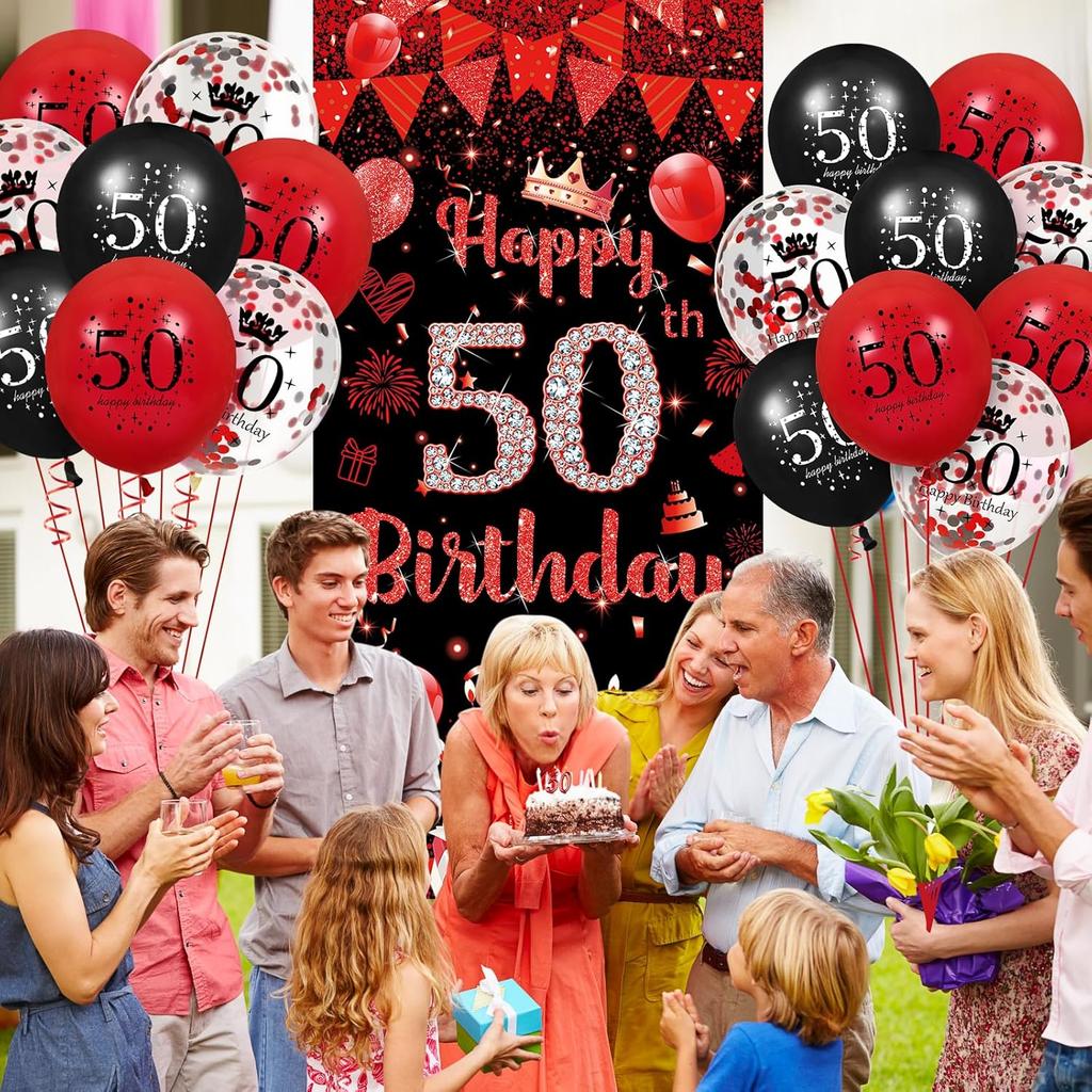Red 50th Birthday Party Decorations for Women Men Red Black Balloons Banner Supplies Happy 50th Birthday Door Cover Banner and 18pcs Latex Balloons