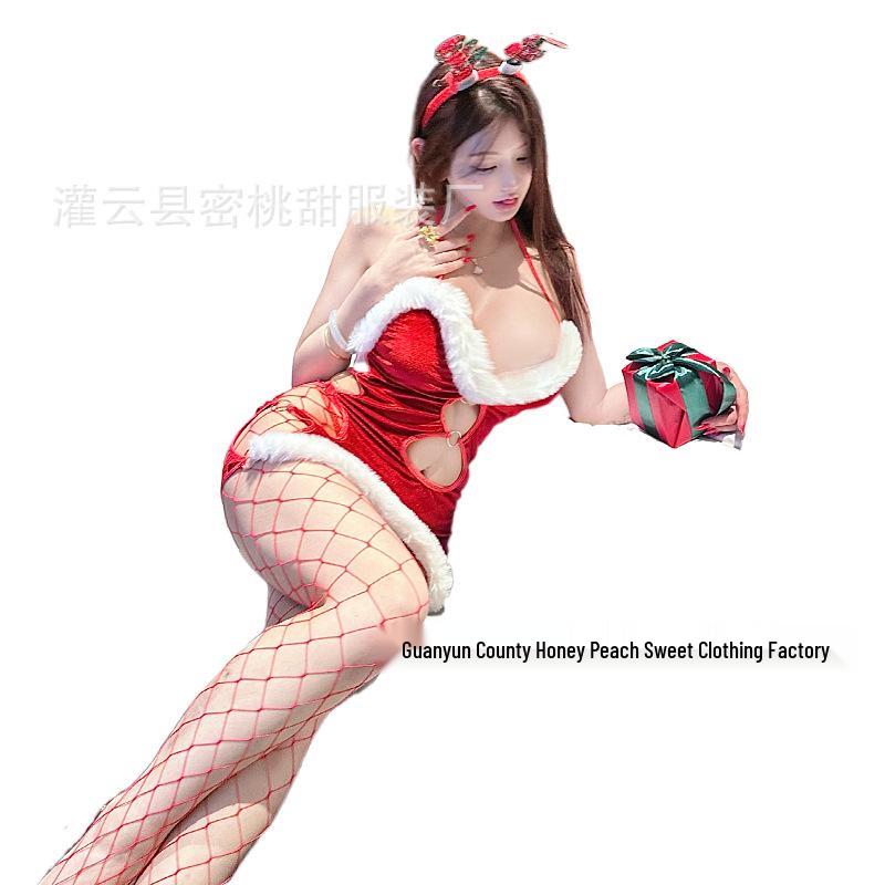Rotes Plüsch Weihnachten & Neujahr Sexy Ausschnitt Babydoll Kleid Pyjama Dessous