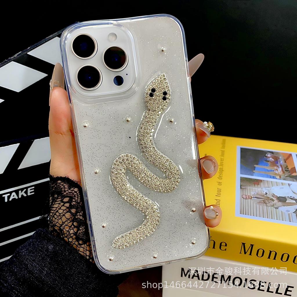 Epoxy Gold Foil Compatible with iPhone 16 Pro Max Phone Case New Year 14 Snake Year Apple 15 Transparent TPU Soft Cover
