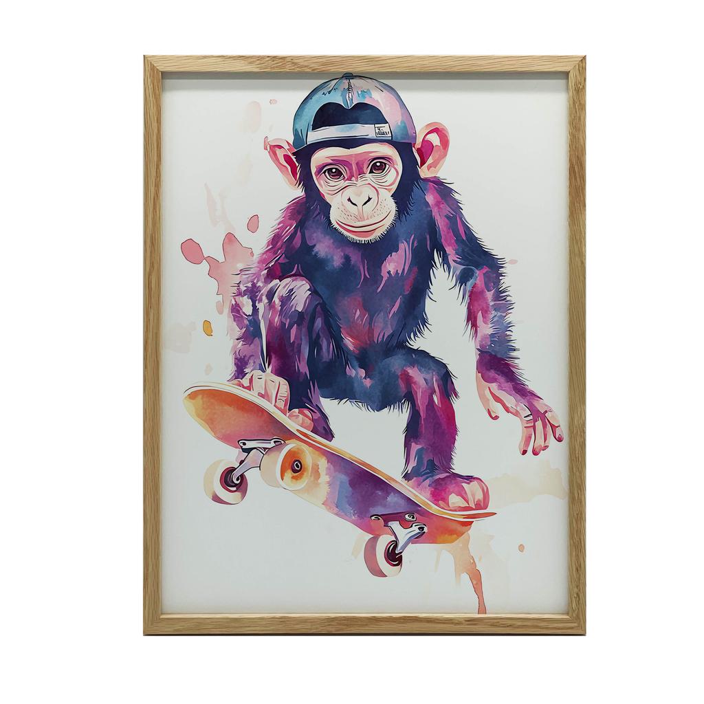 Plakat Małpi Skateboardzista Plakat Małpi Skateboardzista, 70X100 Cm, Rama Drewniana Jasny Dąb, Papier Matowy 230 Gsm