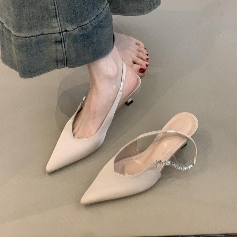 Sheepskin Version~ Gentle Temperament Shallow Mouth Back Strap Rhinestone High Heels Women's Simple Back Empty Tip with Skirt Sandals