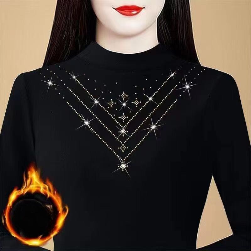 Women's Double-Sided Velvet Base Shirt  Autumn Winter Semi-Turtleneck Long Sleeve T-Shirt Slim Fit Rhinestone Warm Base Shirt