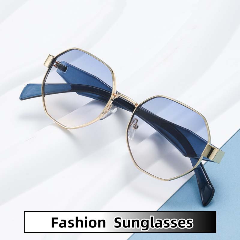 New Men Women Polygonal Metal Sunglasses Ultraviolet-Proof Driving Travel Gradient Blue Glasses Full Frame Shades Eyewear