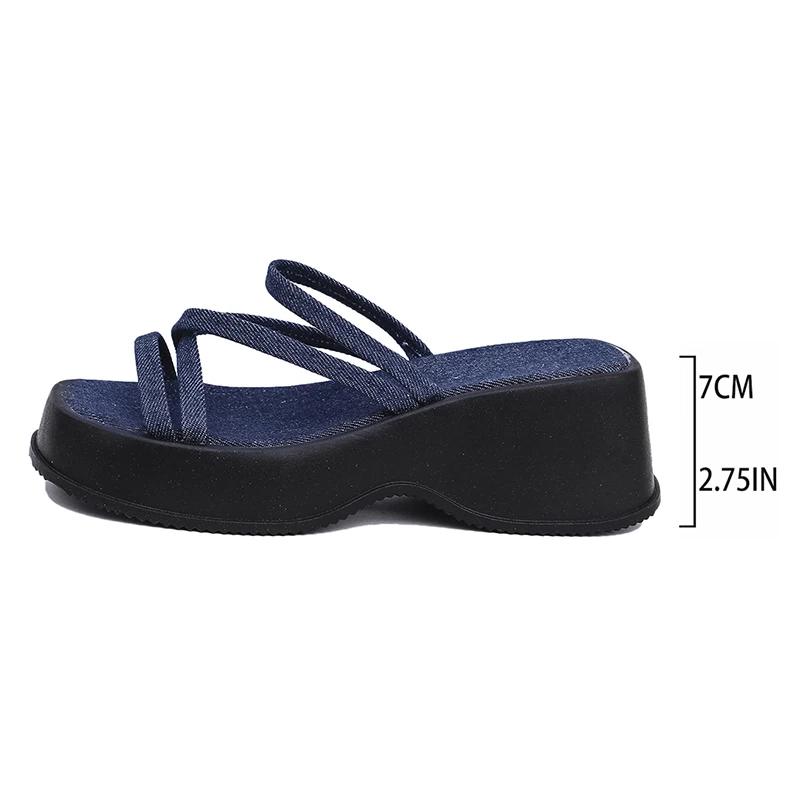Fashion Denim Cross Strap Platform Sandals Woman Plus Size Fashion Thick Sole Slippers for Women 2025 Summer Wedge Heels Sandalias Mujer