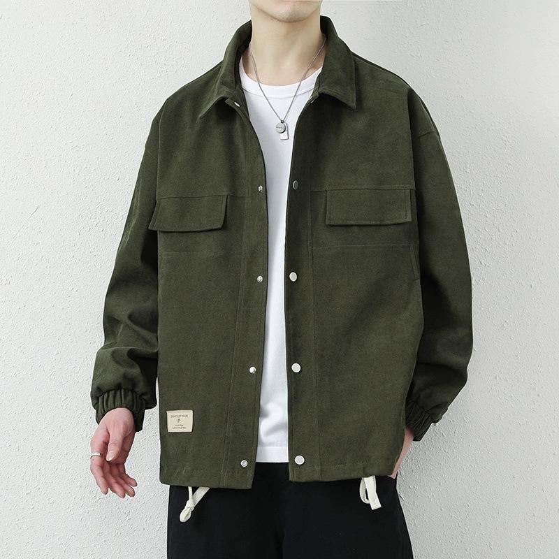Spring and Autumn Men's Versatile Solid Color Lapel Solid Color Jacket Hong Kong Style Loose Jacket Trendy Workwear Men