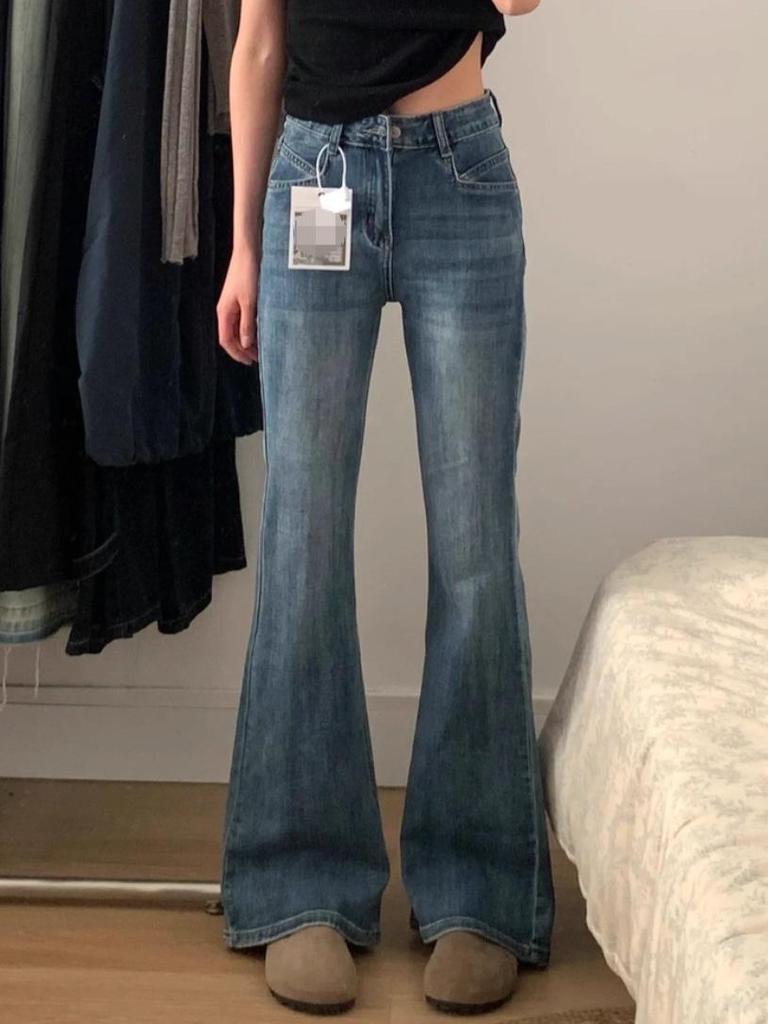 Women's Retro Blue High-Waist Wide-Leg Flared Jeans Plus Size